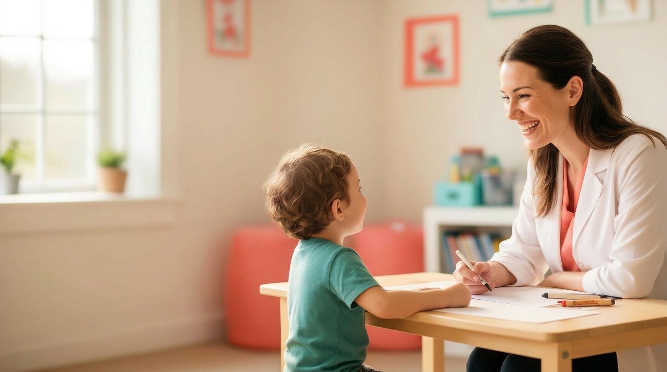 A warm, encouraging moment between a speech therapist and a young child